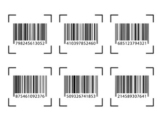 Obraz premium Universal barcode set with scanning frames, black product code icons for retail logistics, 6 digital identification labels for inventory tracking