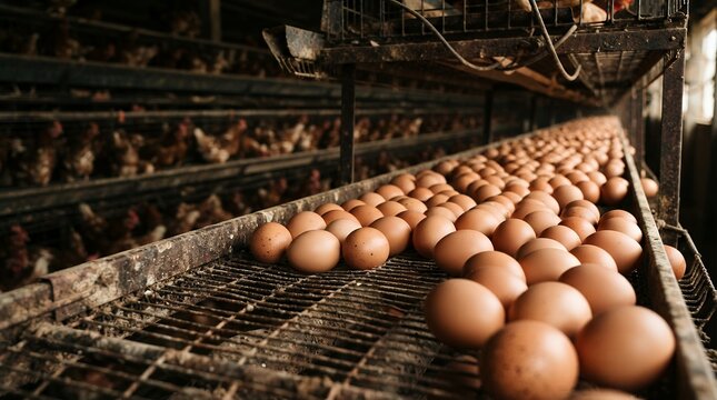 Industrial chicken farm egg production line, fresh brown eggs on conveyor belt, poultry factory farming concept