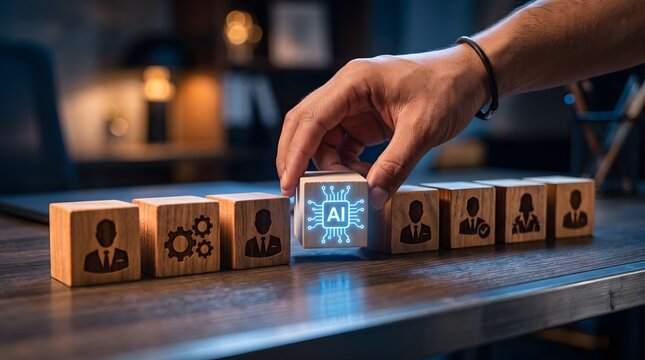 Businessman Placing Wooden Block with Glowing AI Icon for Artificial Intelligence Integration and Human Resources Concept