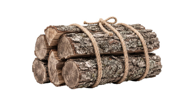 Bundle of realistic firewood logs tied with natural rope isolated on transparent background