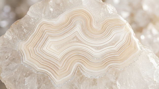 Detailed close up of beige white agate stone slice displaying intricate natural band patterns for luxury interior decor and gemstone study.