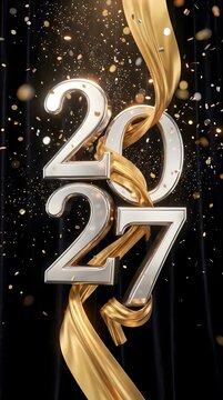 Silver 2027 numbers with gold ribbons and falling confetti on a dark black background for a festive new year celebration greeting card design and holiday party decoration element
