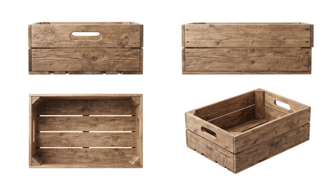 empty wooden crates in front, side, top and perspective views wooden box isolated on transparent background