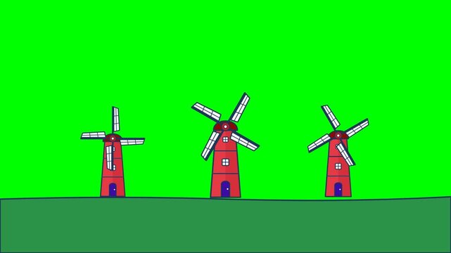 Animated illustration of three red windmills on a green field with a chroma key background.