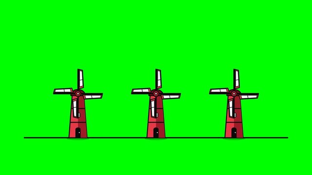Three Red Animated Windmills Rotating on a Green Screen Background