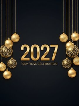 2027 new year celebration background with hanging gold and green decorative christmas balls and shiny metallic numbers on a dark black surface for holiday party invitations or greeting cards