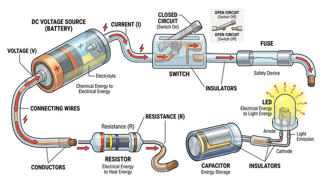 Detailed Educational Diagram of a Basic Electrical Circuit with Components and Energy Flow