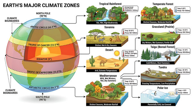Educational Illustration of Global Climate Zones and Biomes Showing Earth's Environmental Regions and Weather Patterns