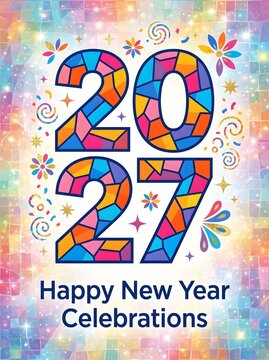 Colorful 2027 happy new year celebration poster with vibrant stained glass mosaic style numbers and festive decorative floral elements for a bright holiday greeting card design