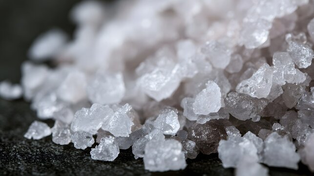 Close up of coarse sea salt crystals with sharp mineral edges and subtle grayish tones on a dark textured surface