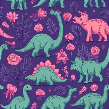 Seamless vector pattern with sketch of dinosaurs and abstract floral. Decoration print for wrapping, wallpaper, fabric. Seamless vector texture.
