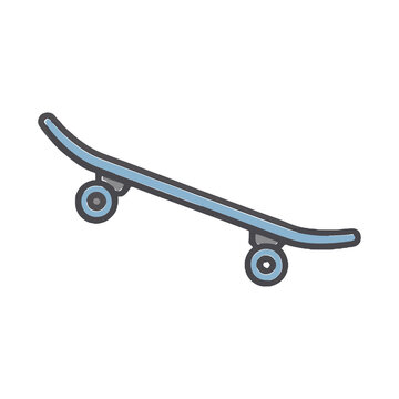 Blue skateboard with black outline isolated on transparent background