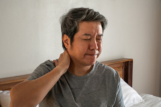 Person with neck and occipital pain symptoms related to muscle and nerve issues for medical healthcare illustration.
