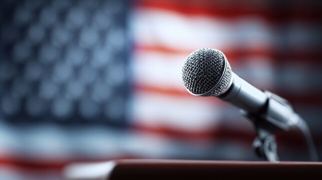 Silver microphone mounted on podium against blurred national flag with news