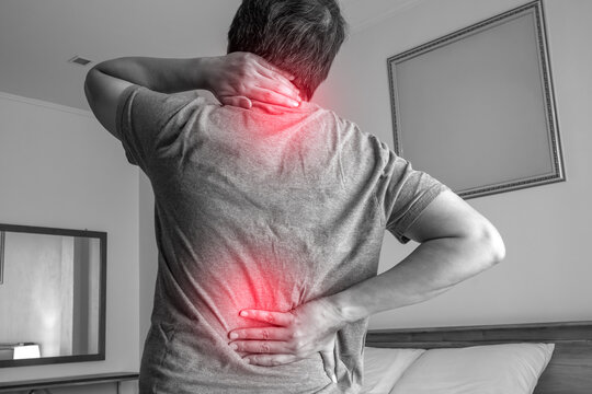 Person with neck and occipital pain radiating to lower back for medical healthcare and muscle nerve treatment illustration.