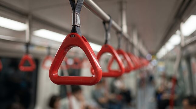 Red subway hand straps hanging from metal bar, interior of modern commuter train, public transit passenger safety handles