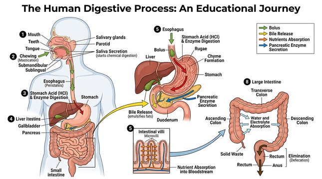 Detailed educational diagram illustrating the human digestive system anatomy and the biological process of food breakdown