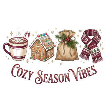 Cozy season vibes illustration with hot cocoa gingerbread house gift sack and warm scarf for winter holiday greeting card design