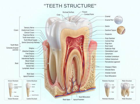 Detailed anatomical diagram of a human molar tooth structure showing internal pulp chambers nerves blood vessels and surrounding bone tissues