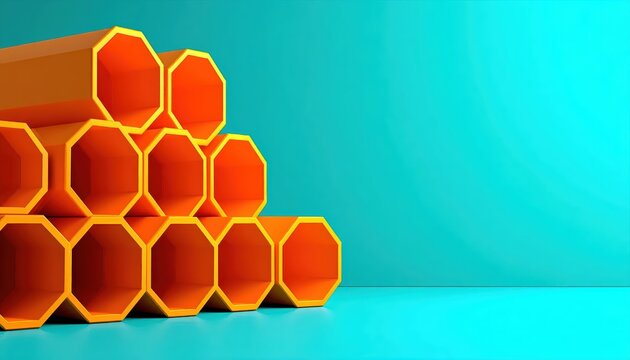 3D Abstract Minimalist Orange Hexagonal Tubes Stacked on Cyan Background with Large Copy Space for Advertising and Text