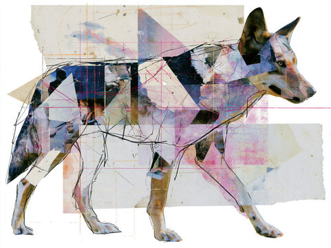Sketch composite 3D photo collage of a dog, mixed media artwork, pencil sketch combined with realistic fur textures, layered paper cutout effect, modern digital art style, cinematic lighting