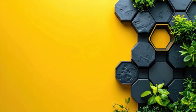 Modern Minimalist Background with Black Hexagonal Tiles and Small Green Plants on Bright Yellow Wall with Ample Copy Space
