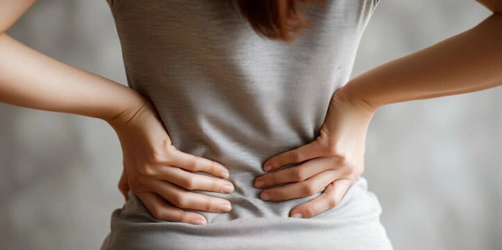 Woman feeling a sudden backache and rubbing her sore muscles for relief from pain