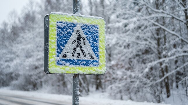 Snowy pedestrian crossing sign on winter road, yellow and blue crosswalk sign covered in fresh snow, winter driving safety concept