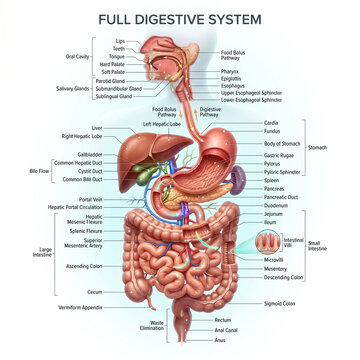 Detailed educational anatomical illustration showing the full human digestive system with labeled organs and pathways for medical study and learning
