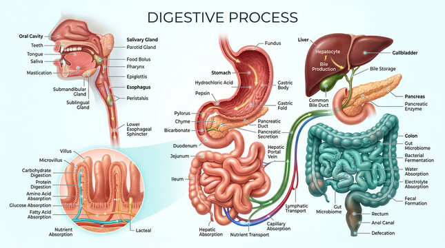 Detailed educational medical illustration showing the human digestive system process including organs labels and nutrient absorption pathways for scientific study