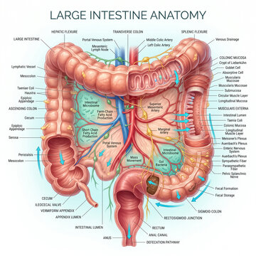 Detailed medical illustration of human large intestine anatomy featuring labeled biological structures and physiological processes on a clean white background