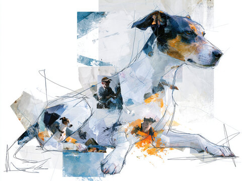 Sketch composite 3D photo collage of a dog, mixed media artwork, pencil sketch combined with realistic fur textures, layered paper cutout effect, modern digital art style, cinematic lighting