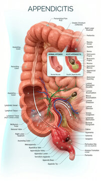 Detailed medical illustration showing human appendicitis anatomy with labeled structures including the inflamed appendix and surrounding colon for clinical education purposes
