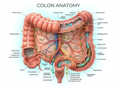 Detailed medical illustration showing human colon anatomy with labeled parts including arteries nerves and cross section of the intestinal wall