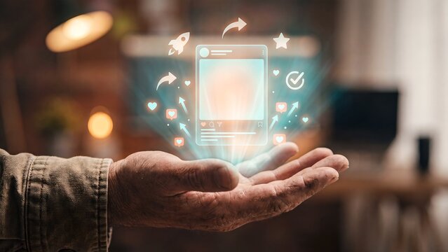 Social media post engagement platform, professional holding holographic post card with heart reactions, rocket, share, star and approval icons for audience growth and content management