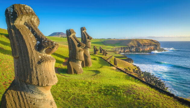 Ancient Moai statues on Easter Island coast in Rapa Nui Chile