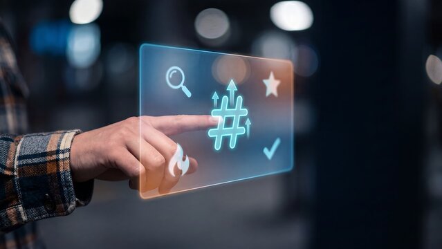 Hashtag strategy trend management platform, professional tapping holographic hashtag with search, star, fire and approval icons for social media visibility, ranking and growth management
