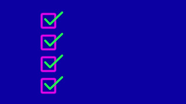 Animated checklist with green checkmarks in square boxes. Task completion animation standard compliance, check mark animation. on blue background.