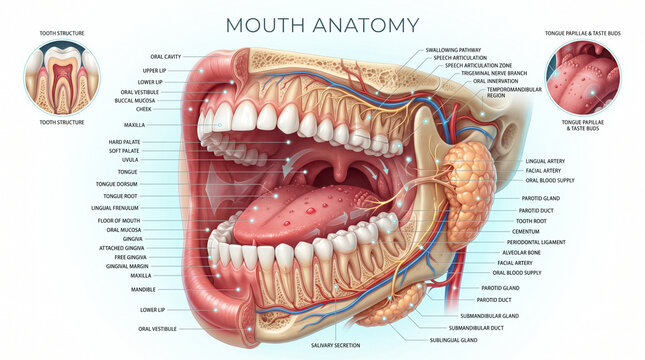 Detailed medical illustration showing human mouth anatomy with labeled parts including teeth tongue glands and nerves for educational health purposes