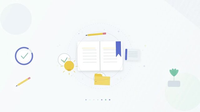 Animated Flat Design Concept: Open Book, Folder, Pencil, Checkmarks, Sun, Clock, Plant Icons on Blue Background