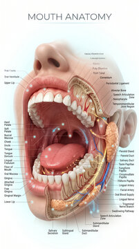 Detailed medical illustration showing human mouth anatomy with labeled parts including teeth tongue glands and nerves for educational reference purposes