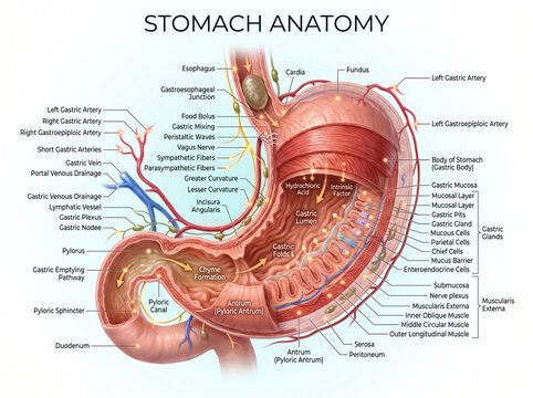 Detailed medical illustration showing human stomach anatomy with labels for internal parts including arteries veins muscles and gastric gland layers