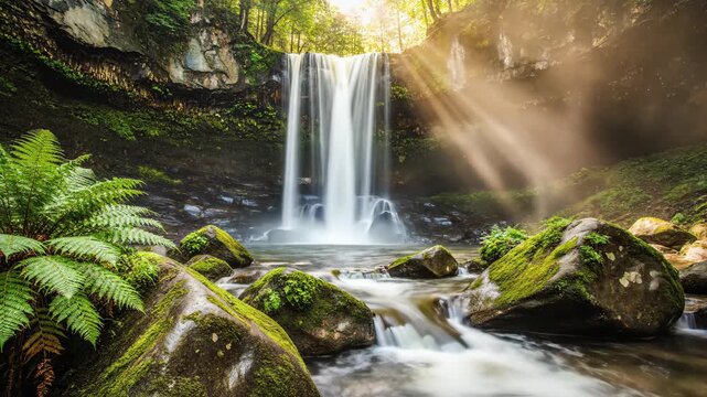 Lush Forest Waterfall with cinematic sunbeams flowing through mossy rocks and green ferns