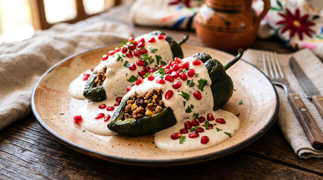 Traditional Mexican Chiles en Nogada with Walnut Sauce and Pomegranate