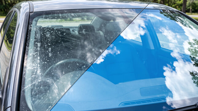 Diagonal split-screen comparison of a dirty car windshield covered in water spots and a clean transparent glass reflecting the blue sky.
