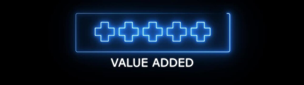 Glowing blue Neon Value Added Concept with Plus Symbols Signboard on Dark Background Positive thinking or personal development. Value Added concept...