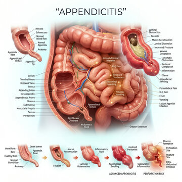 Detailed medical illustration showing the anatomy of the human appendix and the progressive stages of acute appendicitis and inflammation