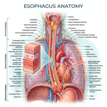 Detailed medical illustration showing the anatomy of the human esophagus with labels for swallowing pathways and internal tissue layer structures