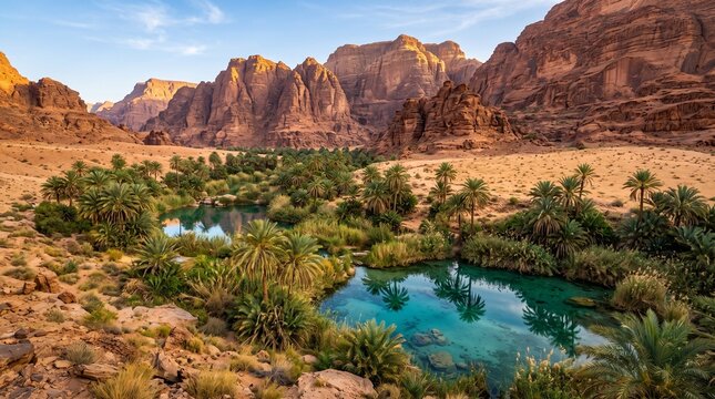 Beautiful green oasis with a blue pond surrounded by tall rocky mountains in the desert
