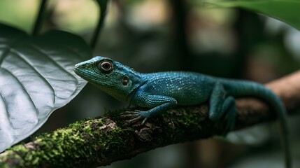 Fototapeta premium A vibrant blue green lizard perched on a mossy tree branch surrounded by lush green foliage